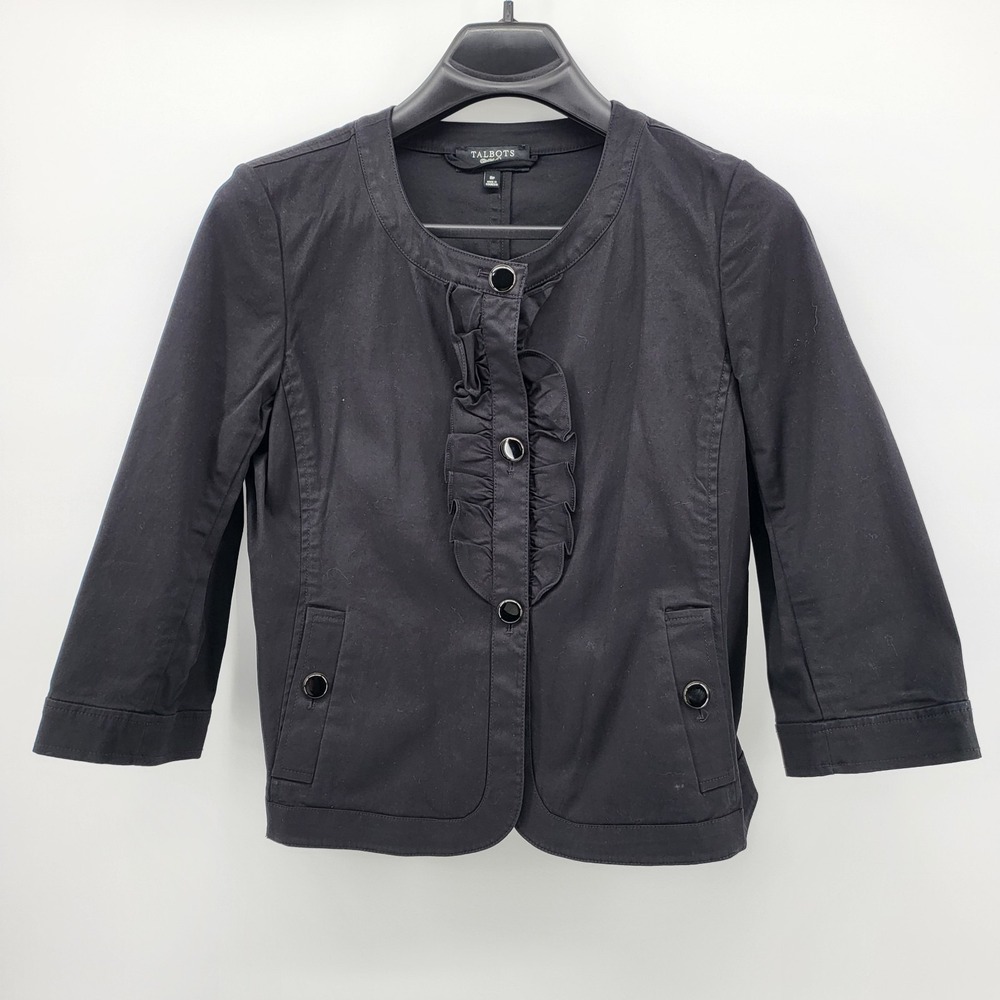 Talbots Blazer Womens 6P Petite Black 3/4 Sleeve Ruffle Trim Button Up Career‎
